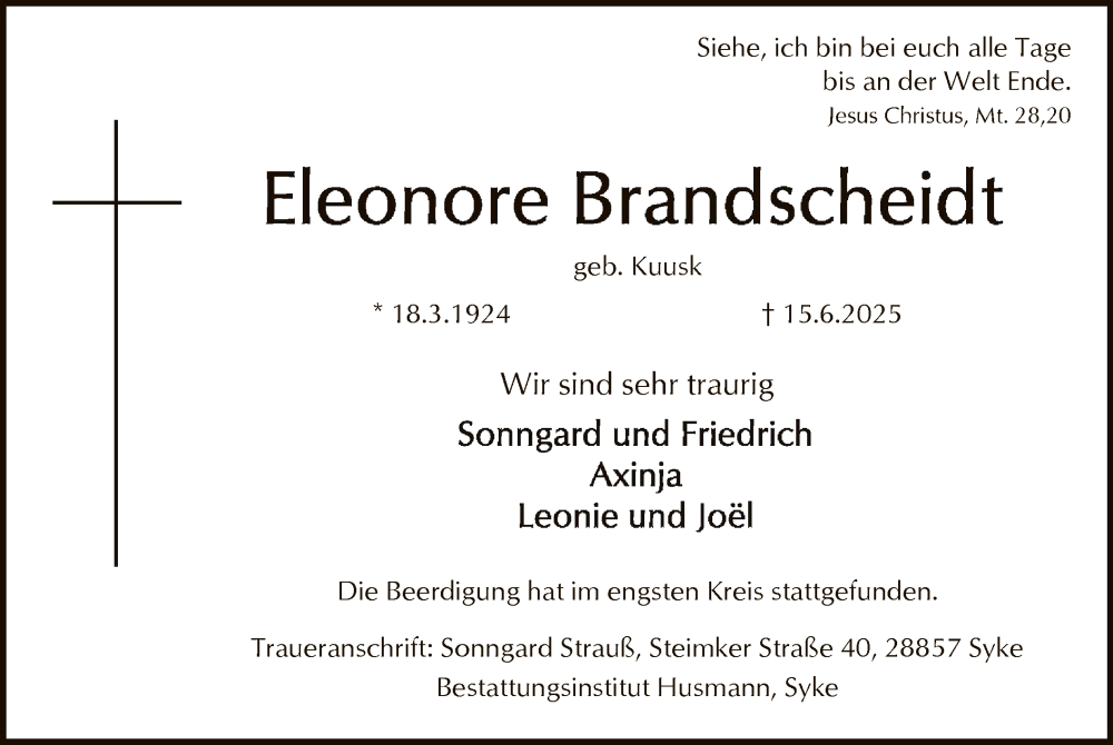  Traueranzeige für Eleonore Brandscheidt vom 21.06.2025 aus SYKS