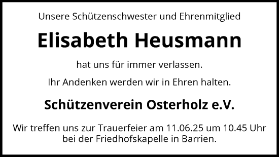 Traueranzeige von Elisabeth Heusmann von SYKS