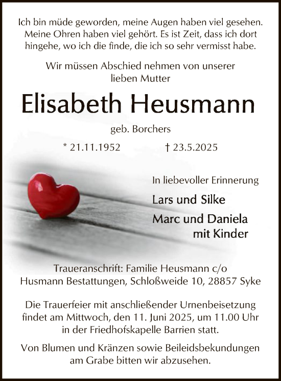 Traueranzeige von Elisabeth Heusmann von SYKS