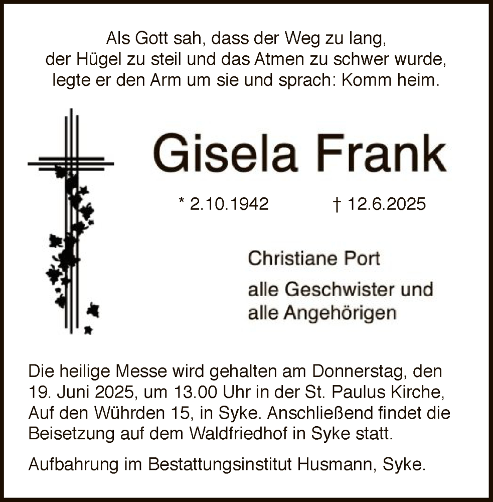  Traueranzeige für Gisela Frank vom 16.06.2025 aus SYKS