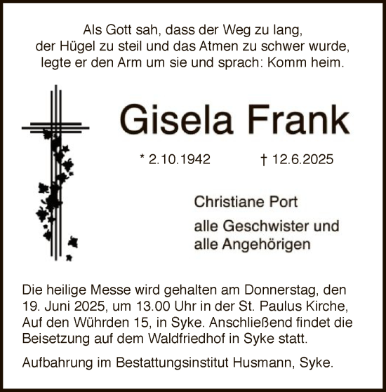 Traueranzeige von Gisela Frank von SYKS