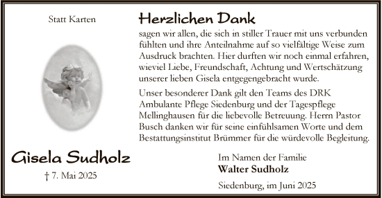 Traueranzeige von Gisela Sudholz von SYKS