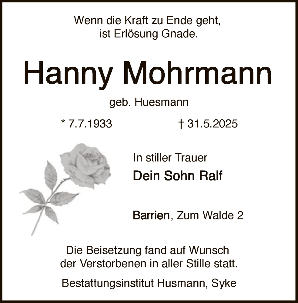  Traueranzeige für Hanny Mohrmann vom 11.06.2025 aus SYKS