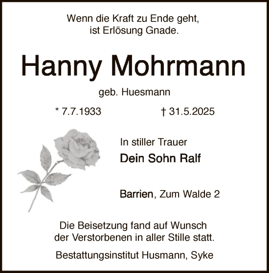 Traueranzeige von Hanny Mohrmann von SYKS
