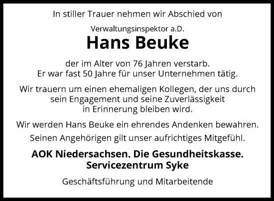 Traueranzeige von Hans Beuke von SYKS