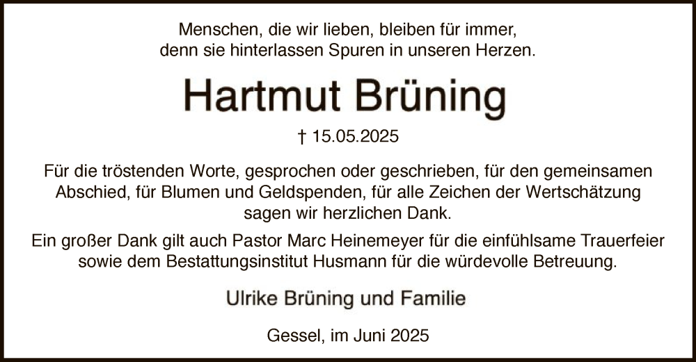  Traueranzeige für Hartmut Brüning vom 28.06.2025 aus SYKS