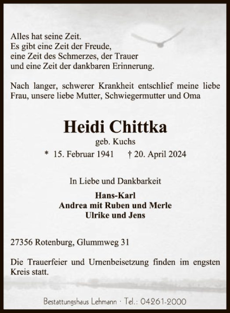  Traueranzeige für Heidi Chittka vom 25.04.2025 aus SYK