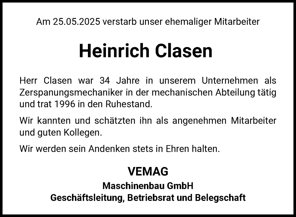  Traueranzeige für Heinrich Clasen vom 06.06.2025 aus SYKS