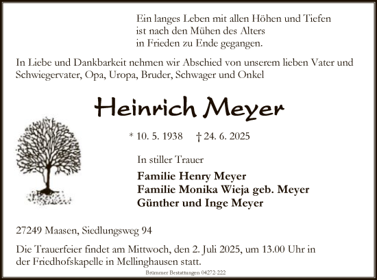 Traueranzeige von Heinrich Meyer von SYKS