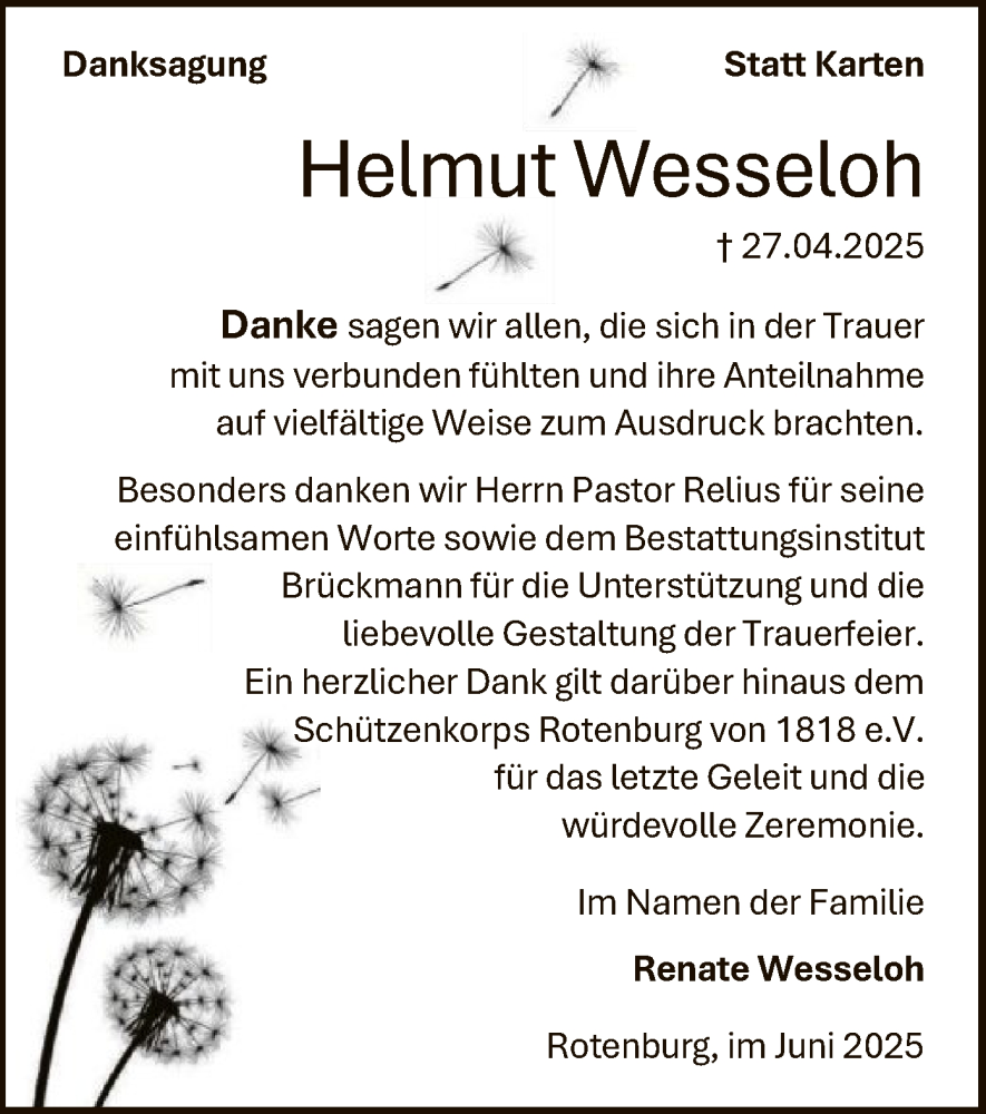  Traueranzeige für Helmut Wesseloh vom 07.06.2025 aus SYKR