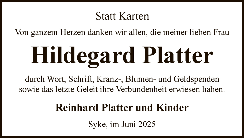  Traueranzeige für Hildegard Platter vom 14.06.2025 aus SYKS