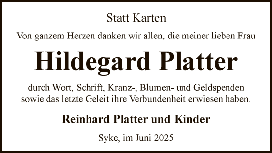 Traueranzeige von Hildegard Platter von SYKS