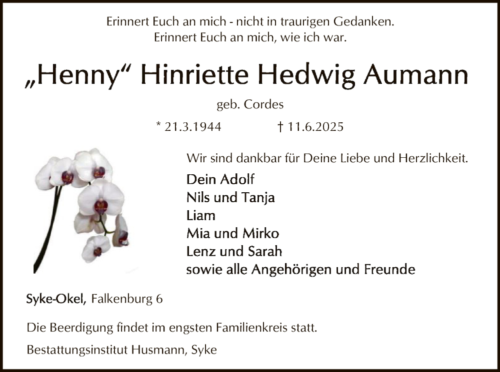  Traueranzeige für Hinriette Hedwig Aumann vom 18.06.2025 aus SYKSSYKS