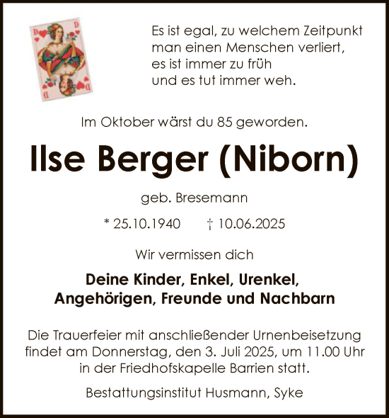 Traueranzeige von Ilse Berger von SYKS