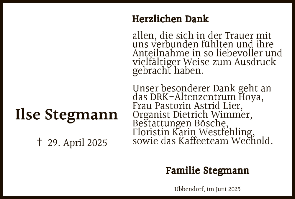  Traueranzeige für Ilse Stegmann vom 07.06.2025 aus SYKSSYKS