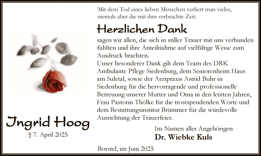  Traueranzeige für Ingrid Hoog vom 07.06.2025 aus SYKS