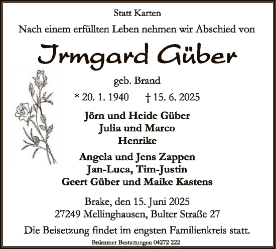 Traueranzeige von Irmgard Güber von SYKS