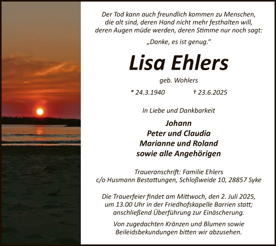 Traueranzeige von Lisa Ehlers von SYKS