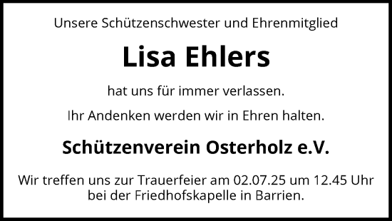 Traueranzeige von Lisa Ehlers von SYKS