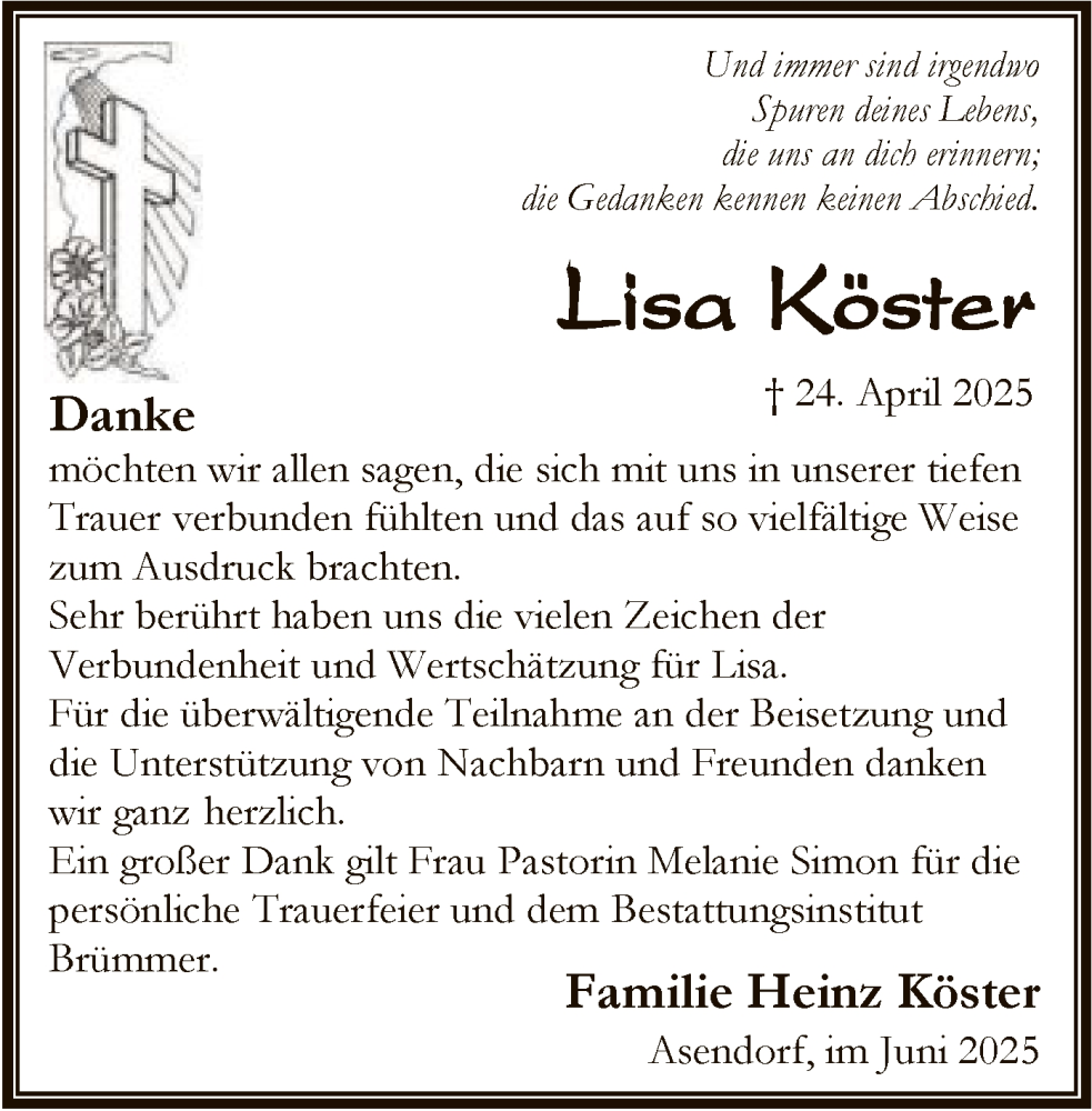  Traueranzeige für Lisa Köster vom 07.06.2025 aus SYKS