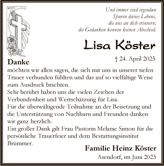 Traueranzeige von Lisa Köster von SYKS