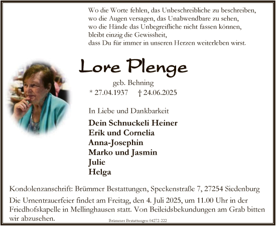 Traueranzeige von Lore Plenge von SYKSSYKS