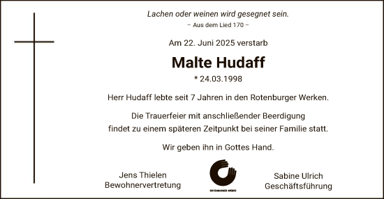 Traueranzeige von Malte Hudaff von SYKR