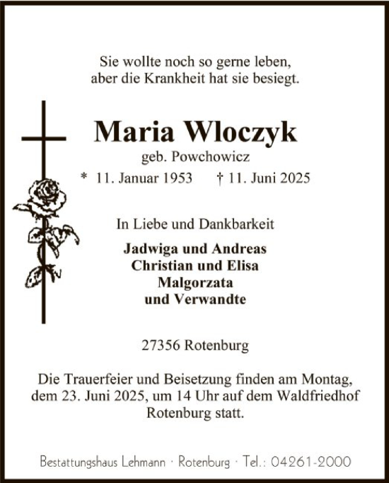 Traueranzeige von Maria Wloczyk von SYKR