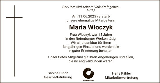 Traueranzeige von Maria Wloczyk von SYKR