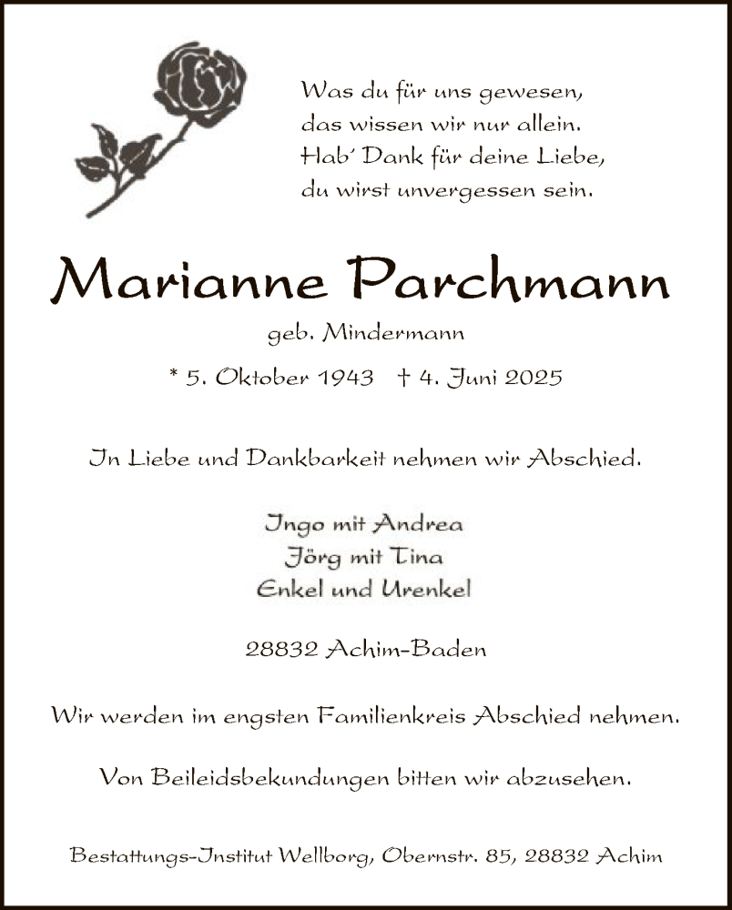  Traueranzeige für Marianne Parchmann vom 07.06.2025 aus SYKS