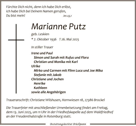 Traueranzeige von Marianne Putz von SYKR