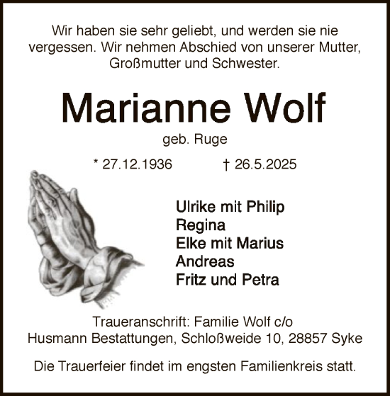 Traueranzeige von Marianne Wolf von SYKS
