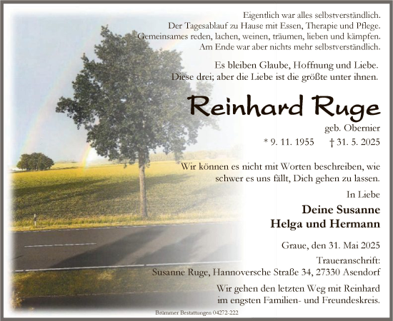 Traueranzeige von Reinhard Ruge von SYKS
