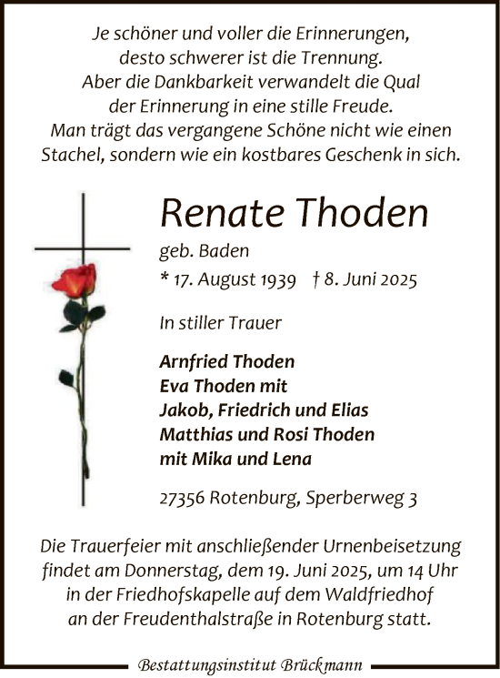 Traueranzeige von Renate Thoden von SYKR