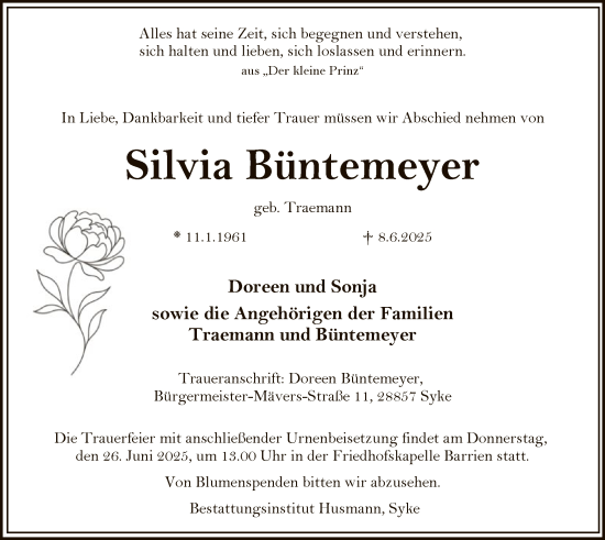 Traueranzeige von Silvia Büntemeyer von SYKS