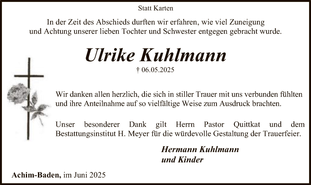  Traueranzeige für Ulrike Kuhlmann vom 28.06.2025 aus SYKS