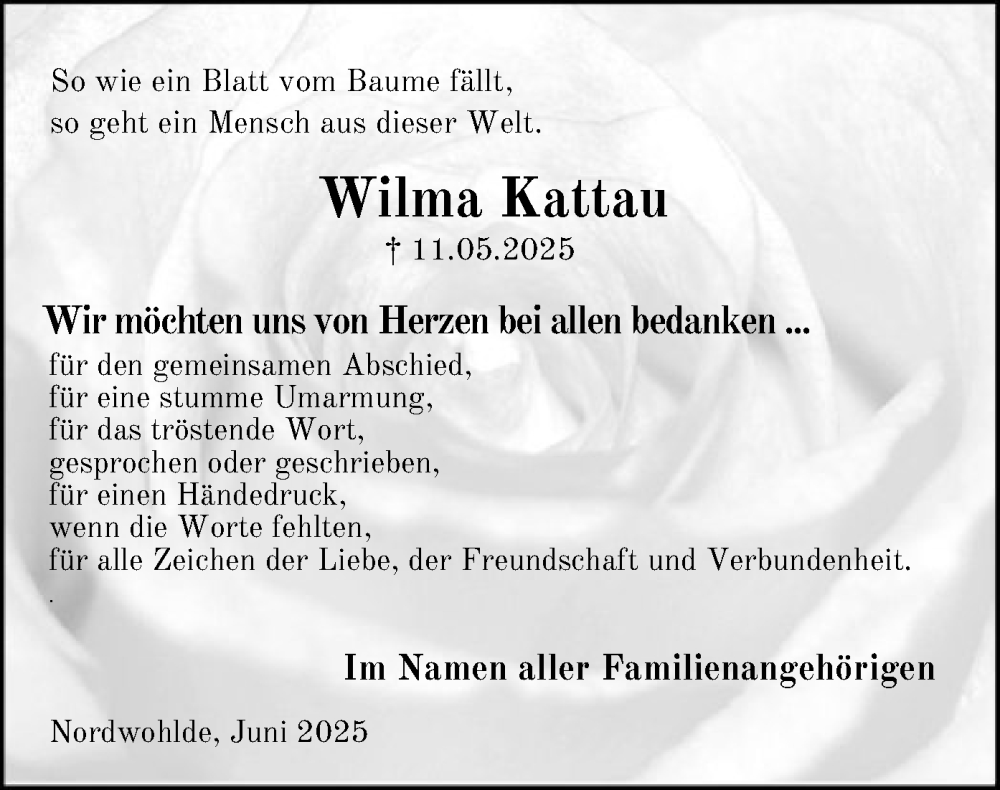  Traueranzeige für Wilma Kattau vom 21.06.2025 aus SYKS