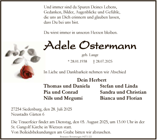Traueranzeige von Adele Ostermann von SYKSSYKS