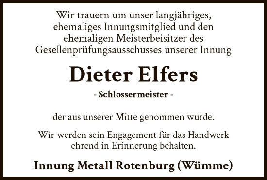 Traueranzeige von Dieter Elfers von SYKR