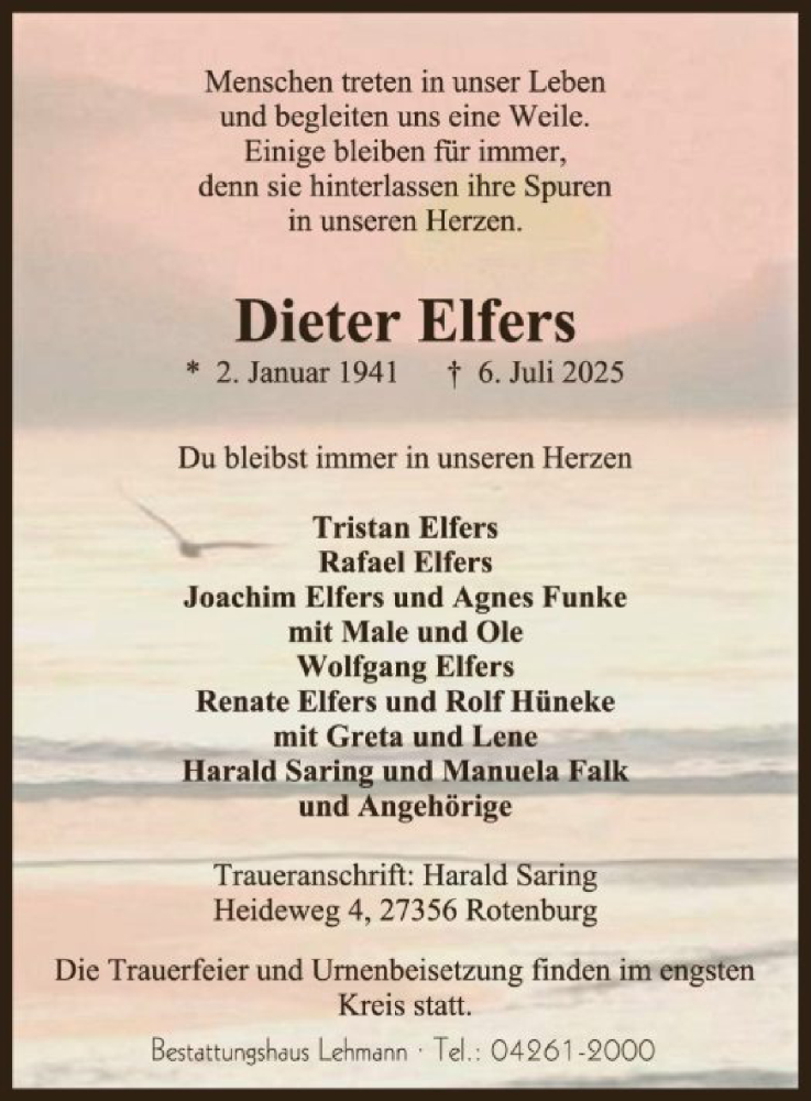  Traueranzeige für Dieter Elfers vom 12.07.2025 aus SYKR