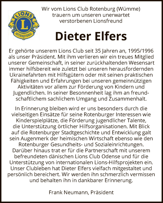 Traueranzeige von Dieter Elfers von SYKR
