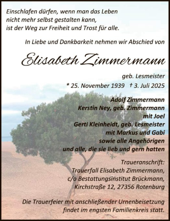 Traueranzeige von Elisabeth Zimmermann von SYKR