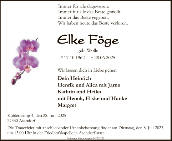 Traueranzeige von Elke Föge von SYKSSYKS