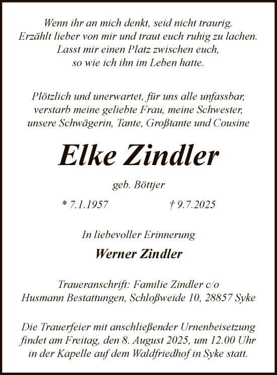 Traueranzeige von Elke Zindler von SYKS