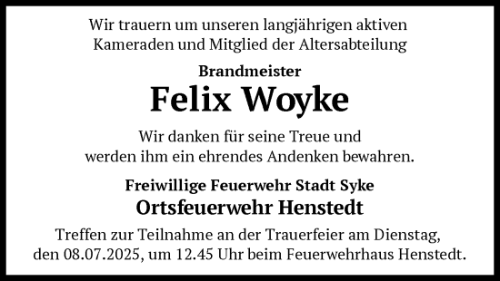 Traueranzeige von Felix Woyke von SYKS