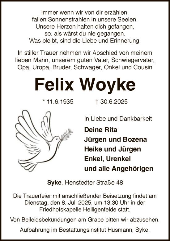 Traueranzeige von Felix Woyke von SYKS