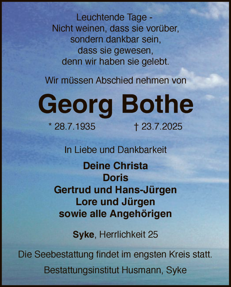  Traueranzeige für Georg Bothe vom 26.07.2025 aus SYKS