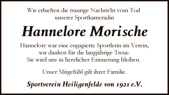 Traueranzeige von Hannelore Morische von SYKS