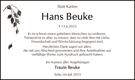 Traueranzeige von Hans Beuke von SYKS