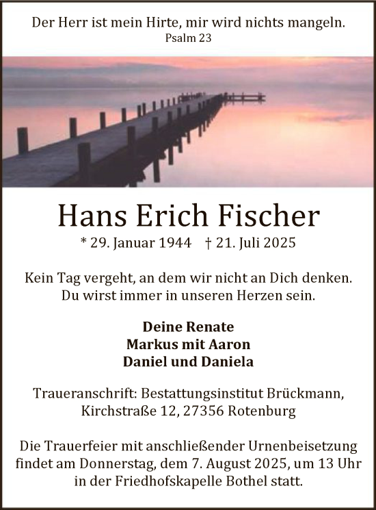 Traueranzeige von Hans Erich Fischer von SYKR